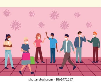 group of people wearing medical masks and shopping bags vector illustration design
