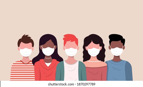 Group of people wearing medical masks to prevent corona virus,world pollution.Vector illustration in a flat style	
