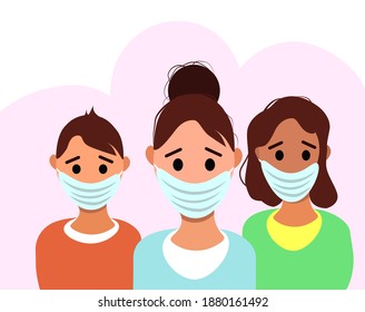 Group of people wearing medical masks vector illustration character in a flat style