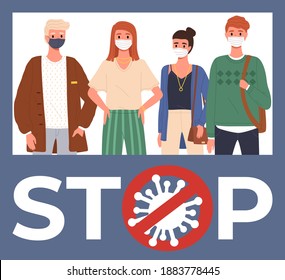 Group of people is wearing medical masks. Cartoon characters stand together and pose, vector illustration isolated on white background of stop sign. Students on self-isolation during quarantine