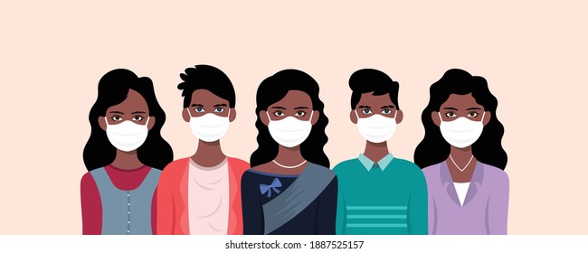 Group of people wearing medical masks to prevent corona virus,world pollution.Vector illustration in a flat style.