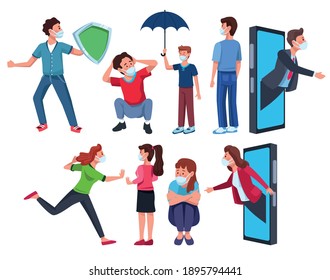 group of people wearing medical masks characters vector illustration design