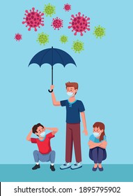 group of people wearing medical masks with umbrella characters vector illustration design