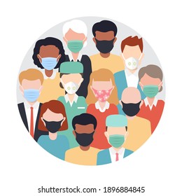 Group of people wearing medical masks to prevent disease, flu, air pollution, contaminated air, world pollution. Vector illustration in a flat style. Set of cartoon characters