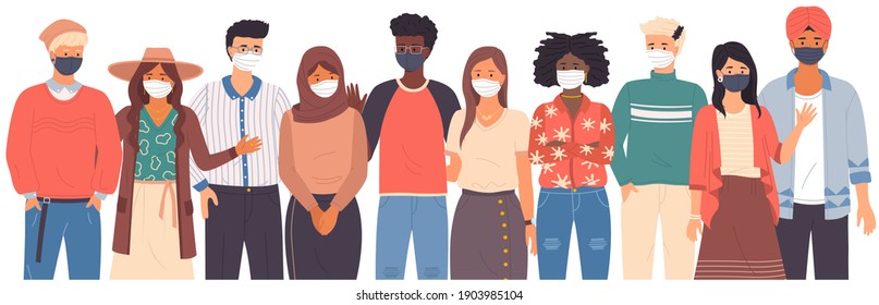 Group of people wearing medical masks. Cartoon characters pose for a photo and waving their hands, vector illustration isolated on white background. Self-isolation during coronavirus pandemic