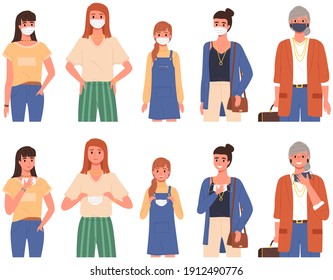 Group of people wearing medical masks. Women are taking off their protective masks and smile, vector illustration isolated on white background. Coronavirus quarantine on self-isolation during pandemic