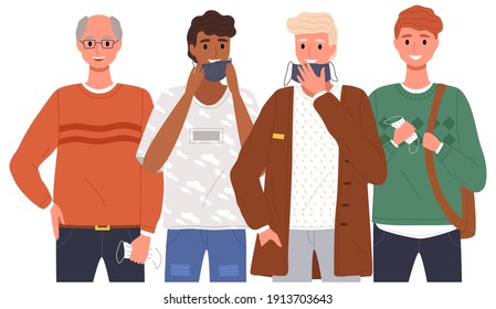 Group of people wearing medical masks. Cartoon characters take off their protective masks and smile vector illustration. Self-isolation during coronavirus pandemic. Mans wearing and remove face mask - Shutterstock ID 1913703643
