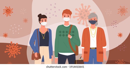 Group of people is wearing medical masks. Students adhere to quarantine regulations. Cartoon characters on the background of coronavirus symbols, quarantine period, flat vector illustration