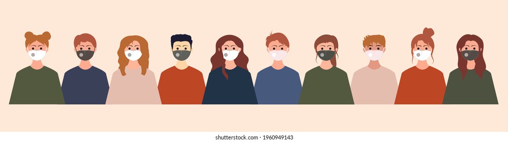 Group of people wearing medical masks to prevent disease, flu, coronavirus, covid-19, air polution, contaminated air, and world polution. Vector illustration, seamless pattern in modern flat style.