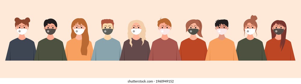 Group of people wearing medical masks to prevent disease, flu, coronavirus, covid-19, air polution, contaminated air, and world polution. Vector illustration, seamless pattern in modern flat style.