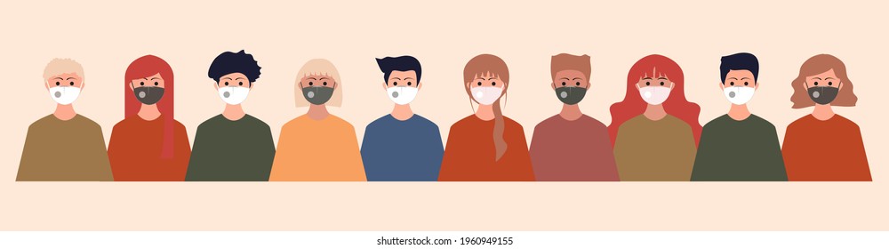 Group of people wearing medical masks to prevent disease, flu, coronavirus, covid-19, air polution, contaminated air, and world polution. Vector illustration, seamless pattern in modern flat style.