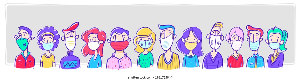 Group of people wearing medical masks protection from disease, to prevent flu, air infected virus, air contaminated, world pollution. Vector illustration cartoon flat style