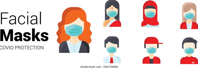 Group of people wearing medical masks to prevent disease, flu, air pollution, contaminated air, world pollution. Vector illustration in a flat style

