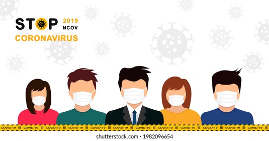 Group of people wearing medical masks. Prevention and safety procedures concept. Prevent disease, coronavirus, flu, air pollution, world pollution. Wearing face mask for virus protection. Vector