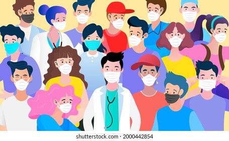 Group of people wearing medical masks to prevent disease, corona virus, flu and air pollution prevention and safety procedures concept. Vector illustration