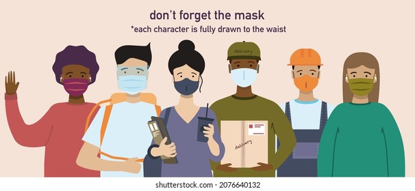 Un grupo de personas usando máscaras médicas para prevenir enfermedades, gripe y para protegerse a sí mismos y a los que los rodean. Gráfico vectorial en diseño plano