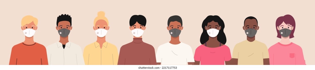 Group of people wearing medical masks to prevent Coronavirus,  covid-19 disease, flu, air pollution, contaminated air, and world pollution. Vector banner illustration in a flat style