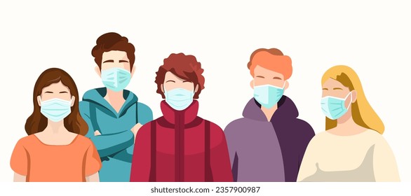 Group of people wearing medical masks to prevent illness, flu, covid in flat style. Vector illustration