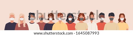 Group of people wearing medical masks to prevent disease, flu, air pollution, contaminated air, world pollution. Vector illustration in a flat style Foto stock © 