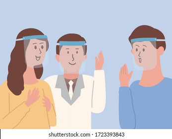 Group of People wearing Plastic face shield to protect virus spread while they talking about business with colleagues. Illustration about the new normal of people behaviors and lifestyle. 