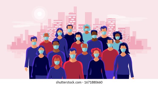 Group of people wearing protection medical face mask to protect and prevent virus, disease, flu, air pollution, contamination, corona. Many ages old man woman in the city skyline. Vector illustration.