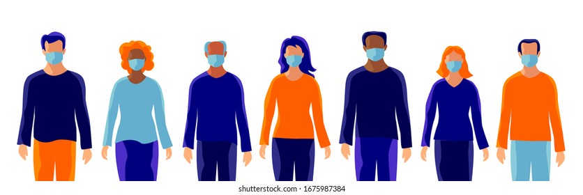 Group of people wearing protection medical face mask to protect and prevent virus, disease, flu, air pollution, contamination, corona. Many ages of old man woman. Isolated vector illustration on white