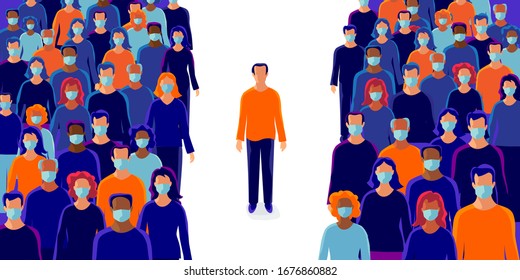 Group of people wearing protection medical face mask to protect and prevent virus, disease, flu, air pollution, contamination, corona. Man person alone standing in isolation in distance from others. 