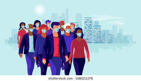 Group of people wearing protection medical face mask to protect and prevent virus, disease, flu, air pollution, contamination. Old man woman child walking. Vector illustration with city skyline.
