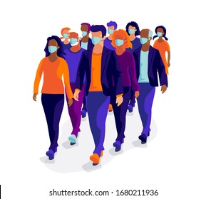 Group of people wearing protection medical face mask to protect and prevent virus, disease, flu, air pollution, contamination, corona. Many ages of old man woman. Isolated vector illustration on white