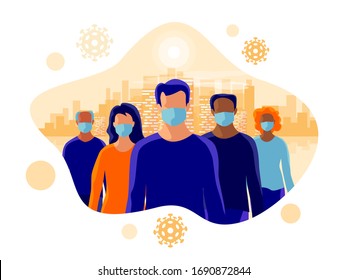 Group of people wearing protection medical face mask to protect and prevent virus, disease, flu, air pollution, contamination. Old man woman standing. Isolated vector illustration with city skyline.