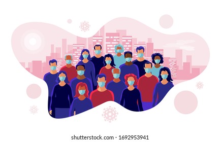 Grupo de personas que usan mascarilla médica de protección para proteger y prevenir virus, enfermedades, gripe, contaminación del aire. Mujer anciana de pie. Ilustración vectorial aislada con perfil urbano.