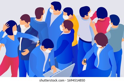 Group of people wearing protection medical face mask to protect and prevent virus. Coronavirus in World (2019-nCoV). People work and relax during a pandemic. 3d isometric vector illustration.