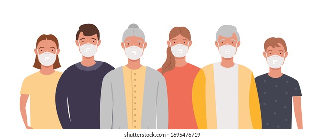 Group of people wearing protection medical face mask to protect and prevent virus, disease, flu, air pollution, contamination, corona.