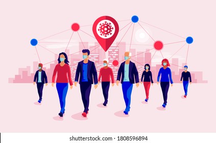 Group of people wearing protection medical face mask to protect and prevent virus, disease, flu, air pollution, contamination. Old man woman walking. Vector illustration with urban city skyline.