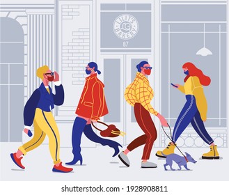 Group of people wearing protection medical face mask to protect and prevent virus, disease, flu, air pollution, contamination. Woman walking. Vector illustration with urban city skyline.
