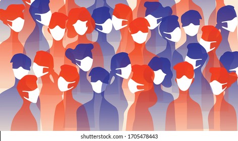 Group of People Wearing Protective Face Masks. Concept Vector Illustration of Covid-19 Virus Quarantine.