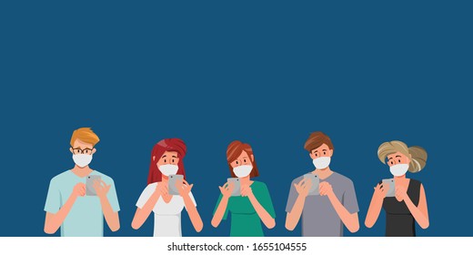 Group of people wearing protective mask as protection against transmissible infectious diseases and air pollution. Isolated vector illustration cartoon character.