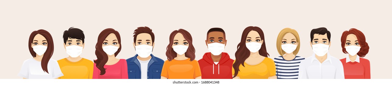 Group of people wearing protective medical mask as protection against transmissible infectious diseases, flu and air pollution vector illustration