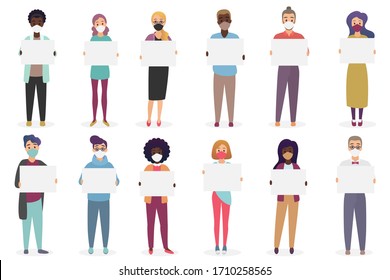 Group of people wearing protective medical masks to prevent disease, coronavirus, flu, air pollution, corona virus covid-19 holding demonstrating empty blank banners posters flat vector illustration.