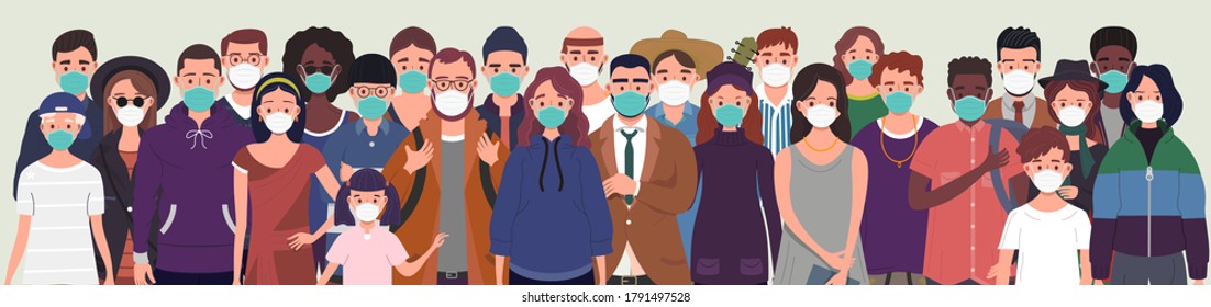Group of people wearing protective medical masks for protection from virus. Prevention and safety procedures concept. Flat style vector illustration 
