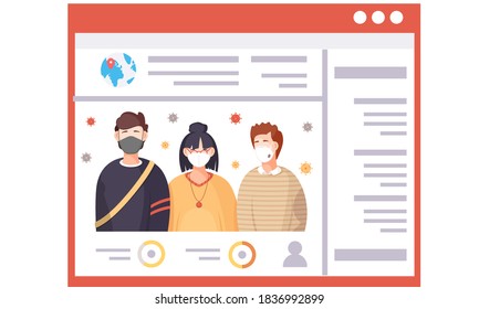 Group of people wearing protective medical face masks. Information page on the Internet about the spread of the virus. Concept of coronavirus quarantine, pandemic. World epidemic of covid 19