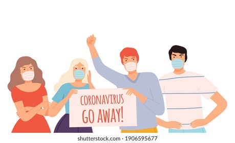 Group of People Wearing Protective Medical Face Masks Holding Poster Protesting against Spread of Coronavirus Cartoon Style Vector Illustration