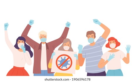 Group of People Wearing Protective Medical Face Masks Protesting against Measures Aimed at Slowing the Spread of the Virus Cartoon Style Vector Illustration