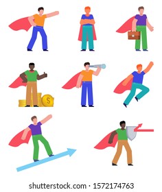 Group of people wearing red super hero cloak and showing various actions. Business illustrations. Flat design vector illustration