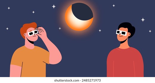 A group of people wearing safety glasses watch a partial solar eclipse. Vector illustration