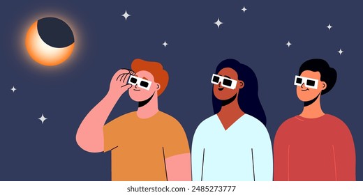 A group of people wearing safety glasses watch a partial solar eclipse. Vector illustration