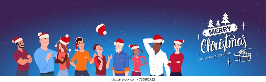 Group Of People Wearing Santa Hats Merry Christmas And Happy New Year Banner Flat Vector Illustration เวกเตอร์สต็อก