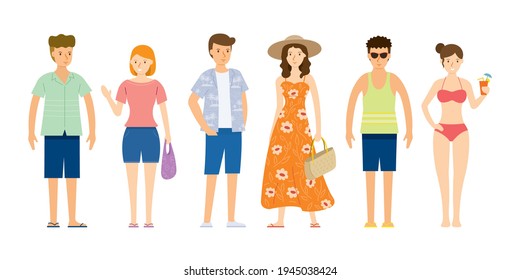 Group of People wearing Summer Clothes, Beach Concept, Travel Vacation and Activities