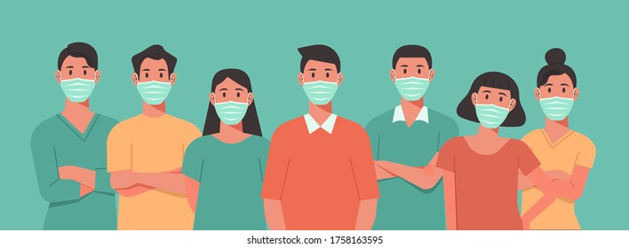 group of people wearing surgical face mask to prevent virus spreading, flu disease and air pollution, man and woman standing together with protective medical mask, character flat vector illustration