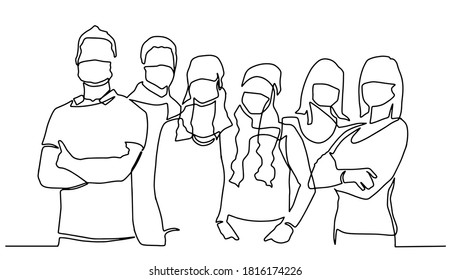 Group of people wearing surgical mask to prevent virus infection. Continues one line drawing. Group of people continuous one line vector drawing. Family, friends hand drawn characters. Covid-19.